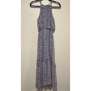 Lush Maxi Dress Halter Style Periwinkle With Pale Pink Flowers Size Small